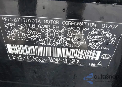 2007 Lexus Es 350 z USA, uszkodzony, nr VIN JTHBJ46G972095169